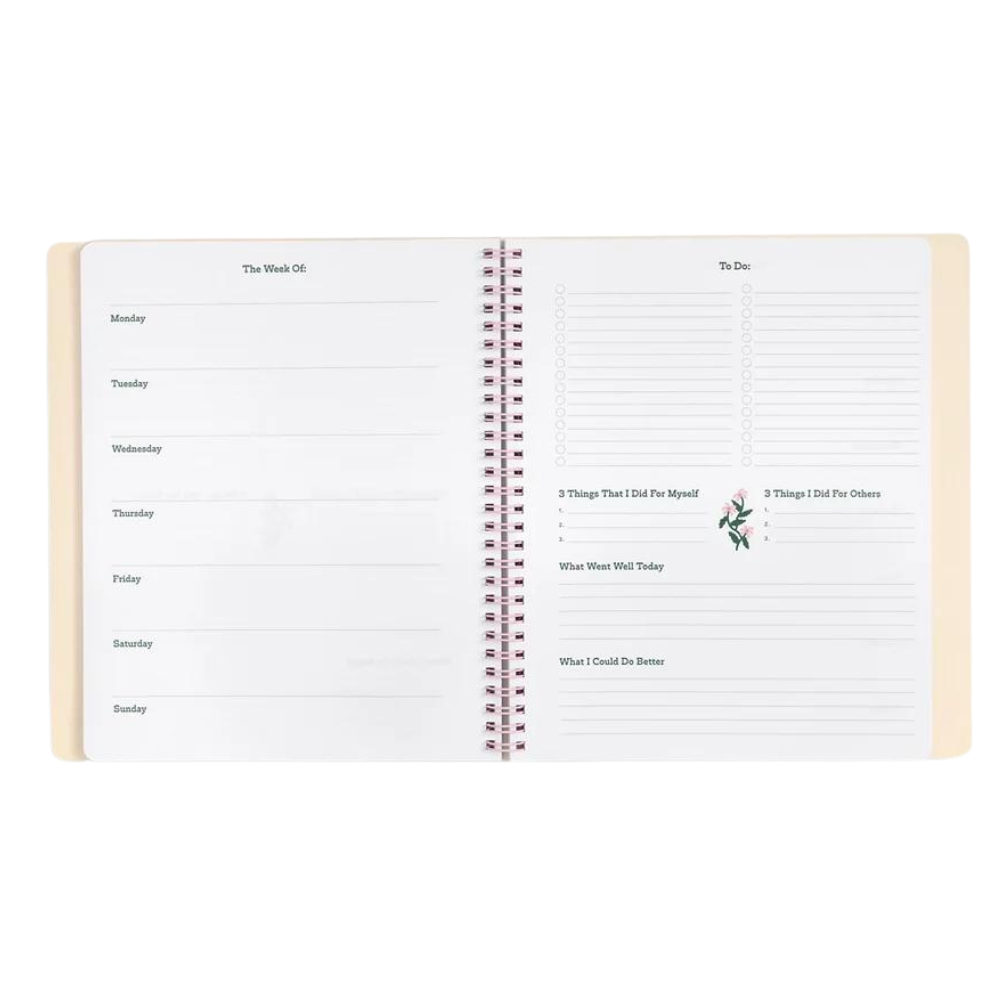 Agenda Face The Day - Planificador flexible con reflexiones semanales, afirmaciones, y bienestar, diseño portátil con espiral oculta y página de stickers.
