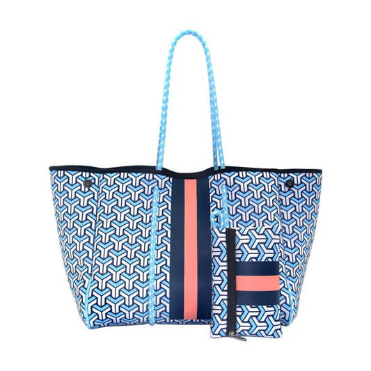 Bolso de neopreno azul con Malba, práctico y moderno, incluye estuche adicional para cosméticos. Ideal para la universidad, trabajo, gimnasio o playa.