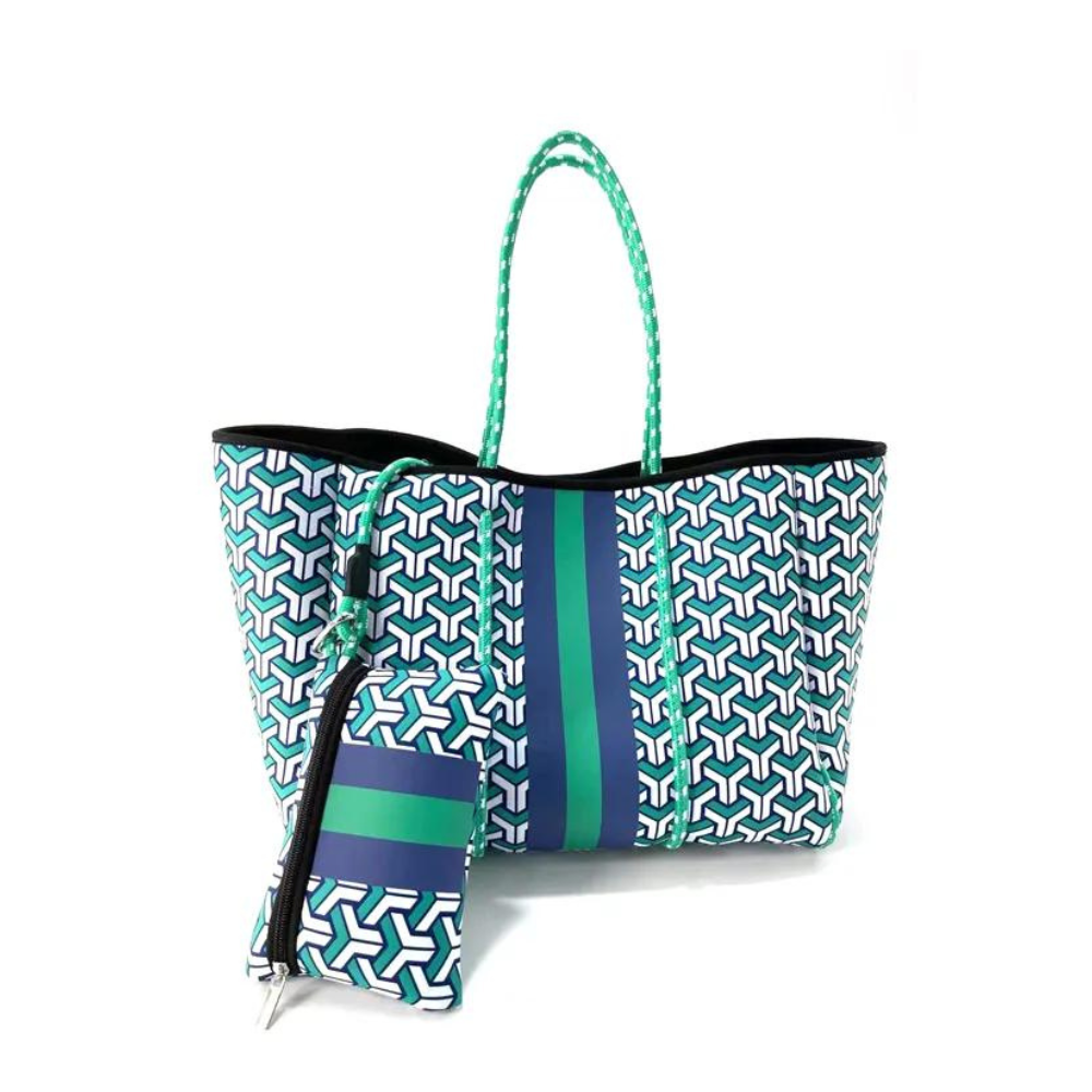 Bolso de neopreno azul con verde, práctico y moderno, incluye estuche adicional para cosméticos. Ideal para la universidad, trabajo, gimnasio o playa.