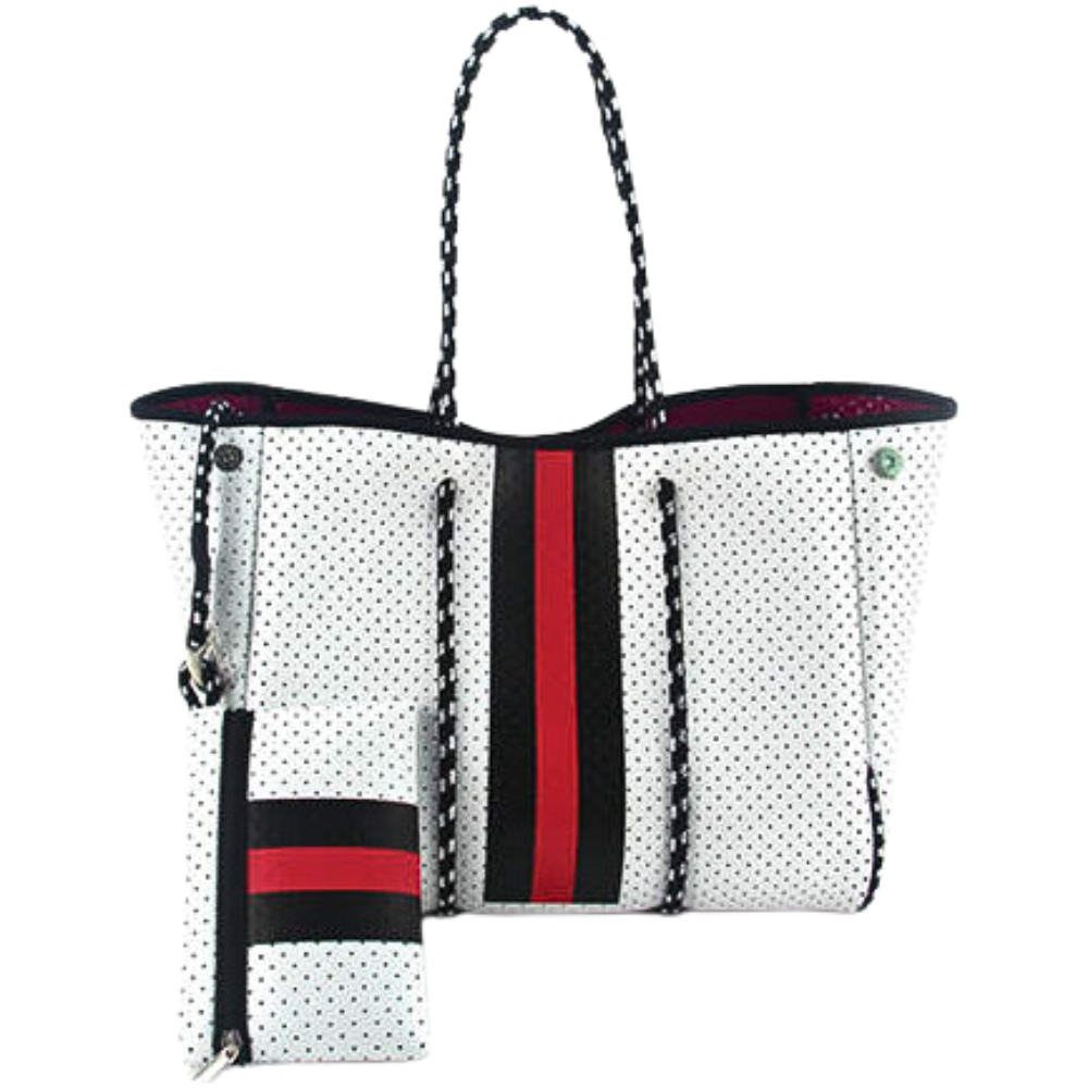 Bolso de neopreno blanco con rojo, práctico y resistente, incluye estuche adicional para cosméticos. Ideal para la universidad, trabajo, gimnasio o playa.