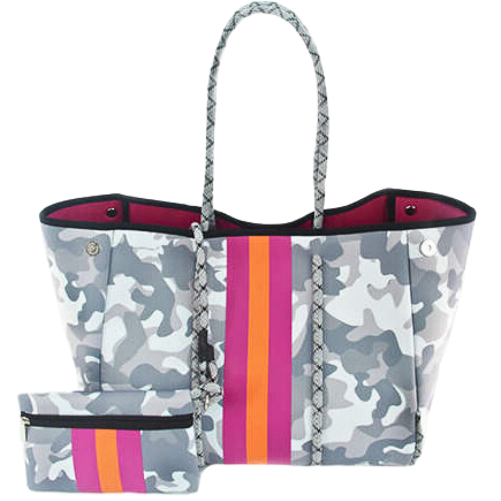 Bolso de neopreno camuflaje gris, práctico y resistente, incluye estuche adicional para cosméticos. Ideal para universidad, trabajo, gimnasio o playa.