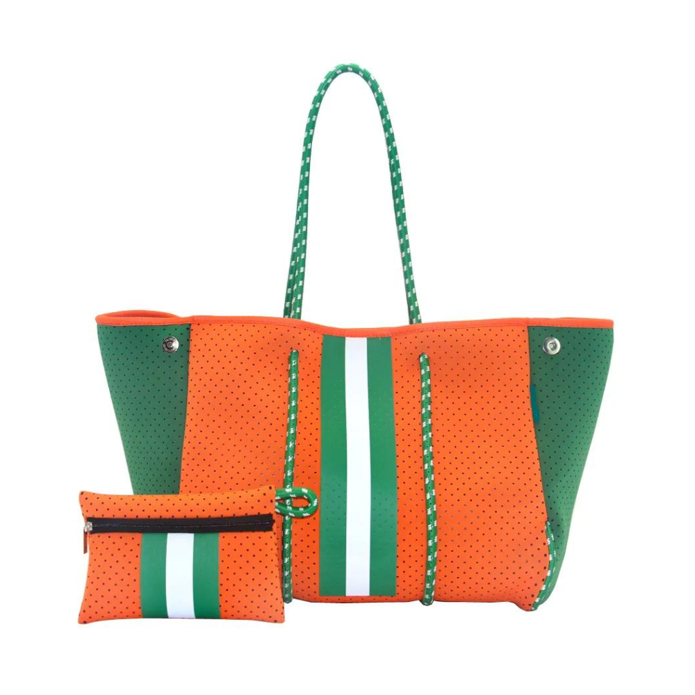 Bolso de neopreno naranja con verde, práctico y resistente, incluye estuche adicional para cosméticos. Ideal para la universidad, trabajo, gimnasio o playa.