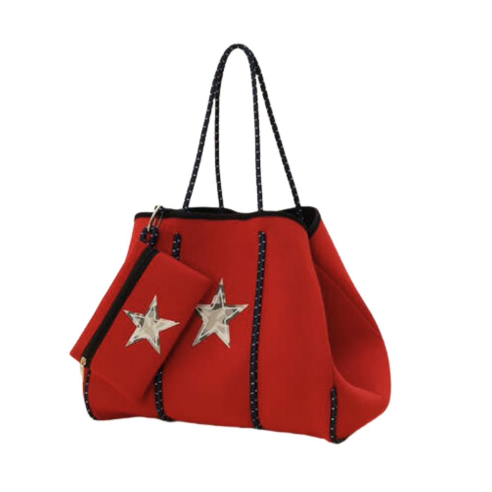 Bolso de neopreno rojo estrella, práctico y elegante, incluye estuche adicional para cosméticos. Ideal para universidad, trabajo, gimnasio o playa.