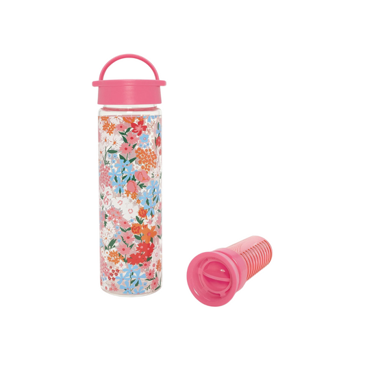Botella de vidrio "Secret Garden" con infusor para agua, diseño floral, tapa con asa y materiales libres de BPA, plomo y ftalatos.
