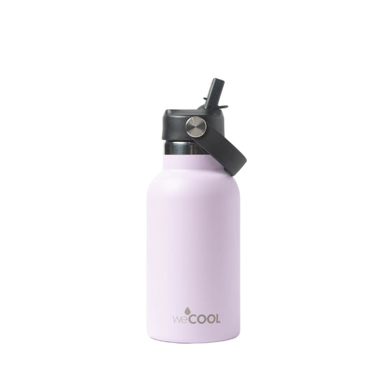 Botella térmica para niños 350ml color lila con tapa hermética y diseño resistente.