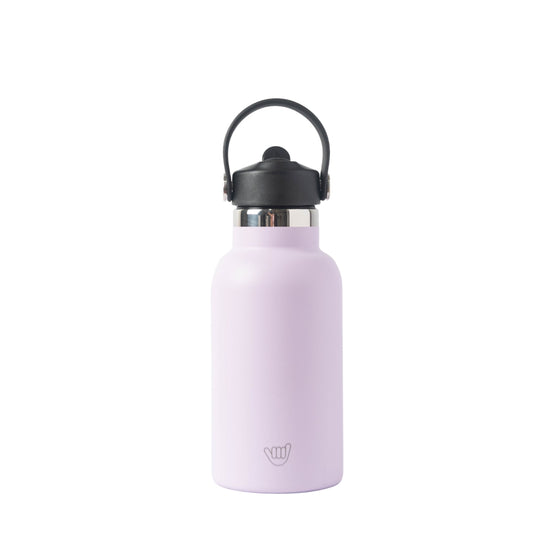 Botella térmica para niños 350ml color lila con tapa hermética y diseño resistente.