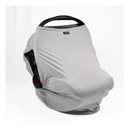 Cobertor para coche de bebé con UPF 50+ y estampado Love, gris, hojas verdes, o rayas azules, diseñado para protección solar, ventilación y comodidad.