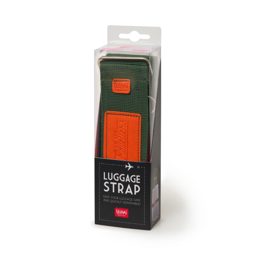 Correa para maleta LEGAMI con cierre de velcro en colores verde, magenta y marrón, ajustable y resistente para asegurar el equipaje.