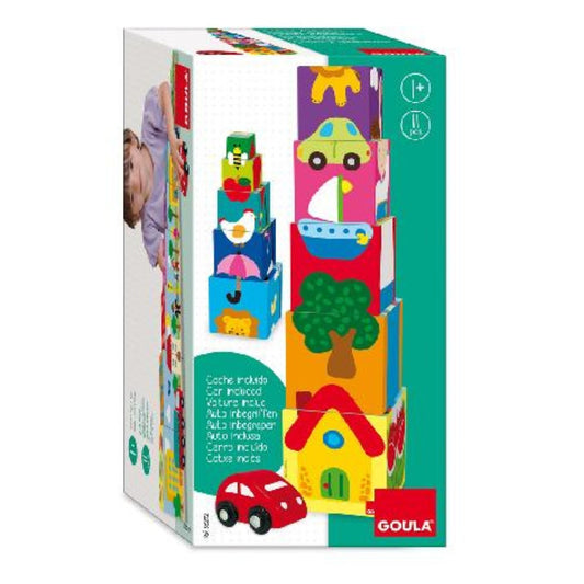 Cubos apilables educativos con auto de madera para bebés desde 12 meses, marca Goula. Incluye 10 cubos ilustrados y un auto de juguete, ideal para desarrollar motricidad y lógica.