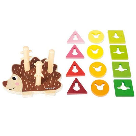 Erizo apilable de madera para niños desde 2 años, marca Goula. Incluye base con forma de erizo y 12 piezas para apilar, ideal para aprender colores, formas y desarrollar motricidad fina.
