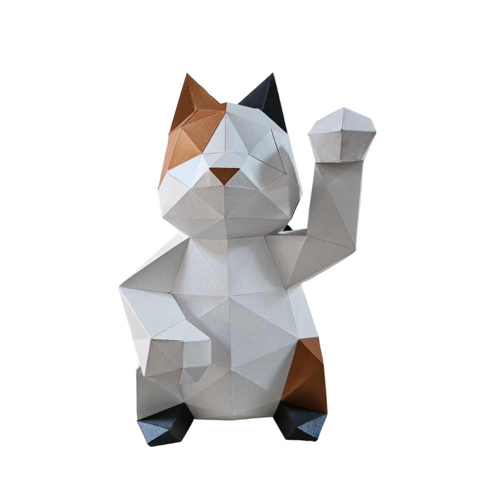 Kit de Escultura en Papel DIY Lucky Cat Tricolor – Escultura en 3D para armar en casa con materiales de cartulina de alta calidad.