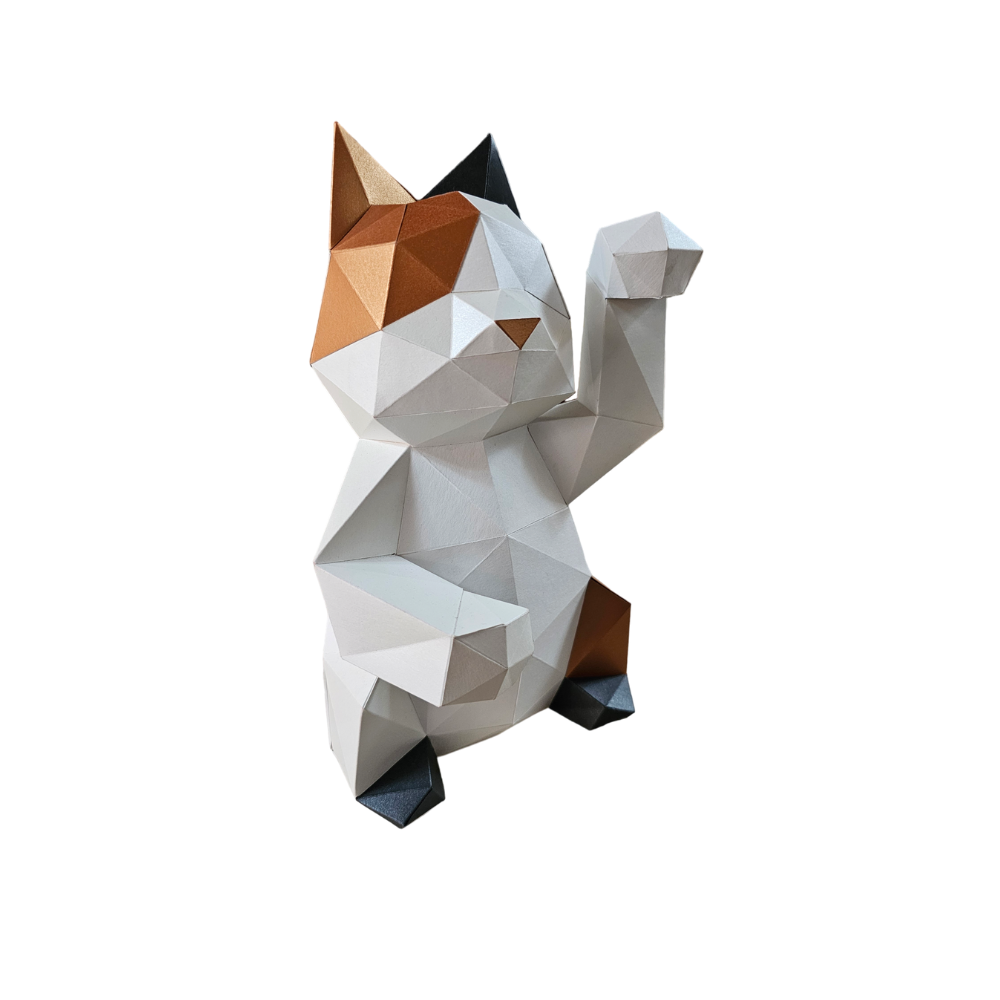 Kit de Escultura en Papel DIY Lucky Cat Tricolor – Escultura en 3D para armar en casa con materiales de cartulina de alta calidad.