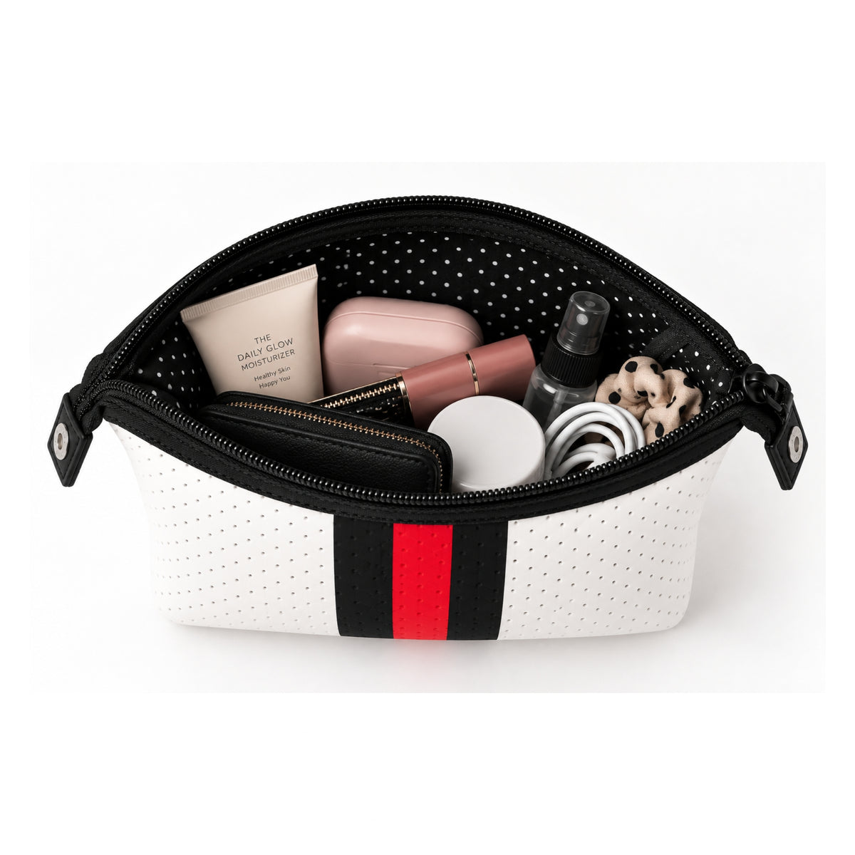 Estuche de neopreno blanco con rojo con cosméticos
