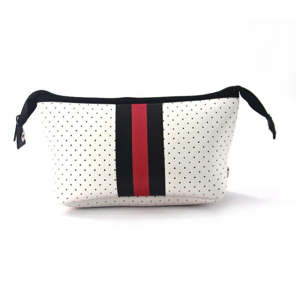 Estuche de neopreno blanco con rojo, práctico y resistente, ideal para cartuchera, cosméticos y accesorios. Perfecto para llevar al trabajo, universidad o playa.