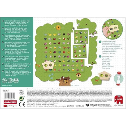 Juego de mesa Birds Tree de Goula para niños desde 3 años. Incluye árbol-puzzle, tarjetas de retos, casita de madera y reloj de arena. Ideal para estimular atención, lógica y vocabulario mientras juegan.