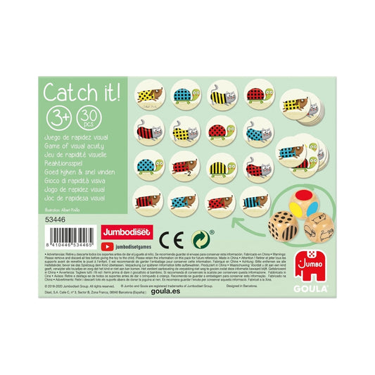 Juego Catch It! Animales de Goula para niños desde 3 años. Incluye dados de madera y fichas con ilustraciones de animales. Estimula la rapidez visual, la lógica y la observación.