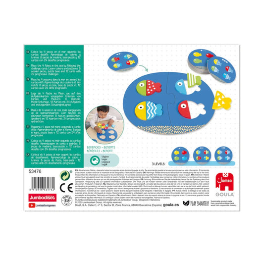 Juego educativo Fish Match & Mix de Goula para niños desde 2 años. Incluye base, piezas de madera y tarjetas de retos. Ideal para aprender colores, formas y desarrollar lógica visual.