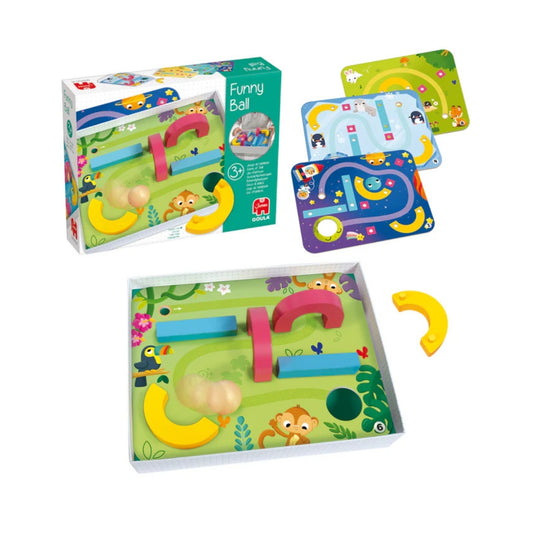 Juego de destreza Funny Ball de Goula para niños desde 3 años. Incluye 4 placas con circuitos y piezas de madera para guiar una bolita, ideal para desarrollar coordinación y pensamiento lógico.