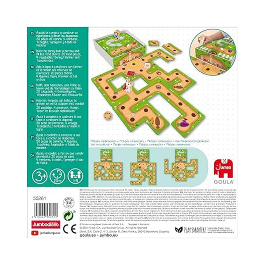 Juego de mesa cooperativo Robin Rabbit de Goula para niños desde 3 años. Incluye madriguera, caminos, dados, verduras y personajes. Fomenta la cooperación y el juego en equipo.