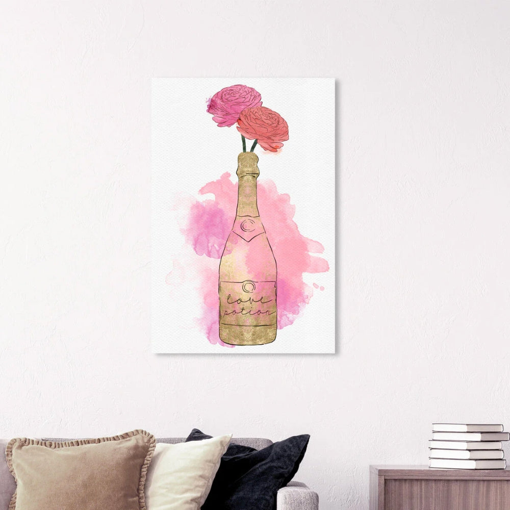 Lienzo decorativo Champagne & Flowers con marco de madera FSC y colores vibrantes. Ideal para decorar con elegancia y estilo cualquier ambiente.
