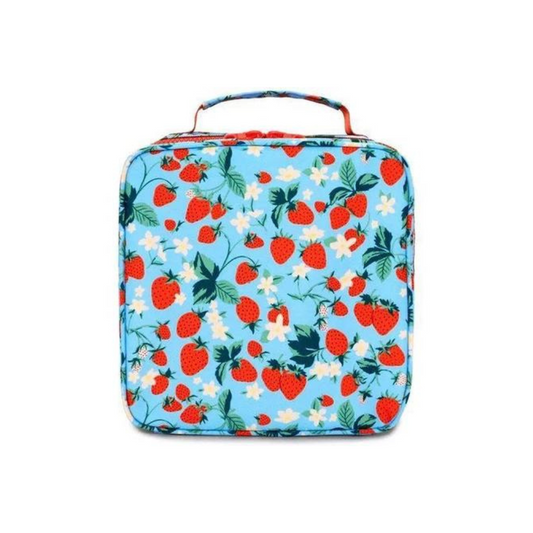 Lonchera térmica Strawberry Fields con diseño de fresas, forro aislante y divisor removible para alimentos frescos y organizados.