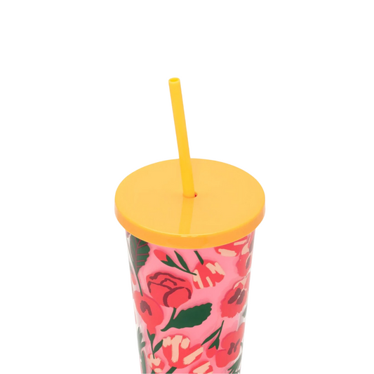 Mug con cañita "Las Flores" de 20 oz con diseño floral, doble pared aislante y tapa ajustable. Libre de BPA.