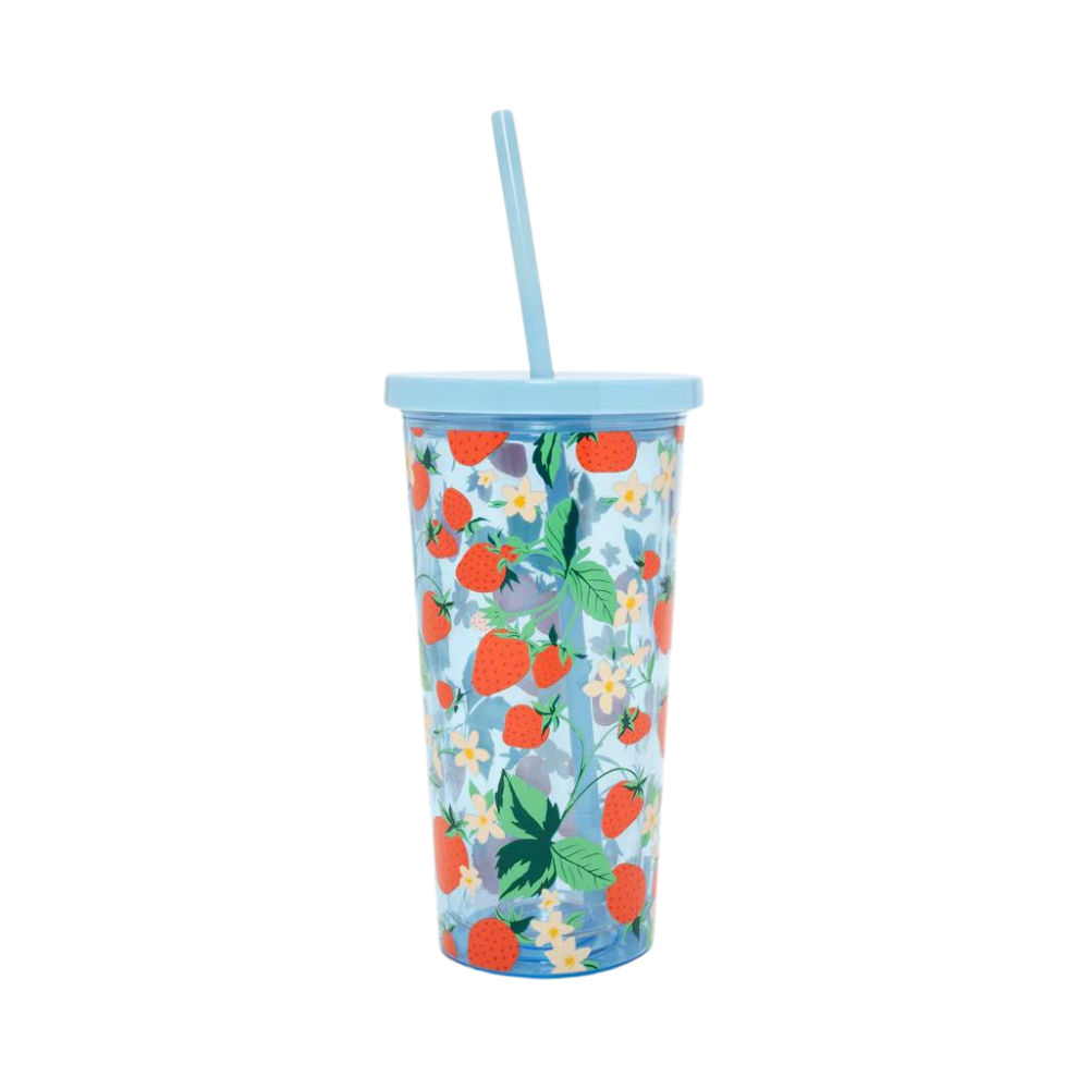 Mug con cañita "Strawberry Fields" con diseño de fresas, tapa removible, cañita flexible y aislamiento de doble pared.