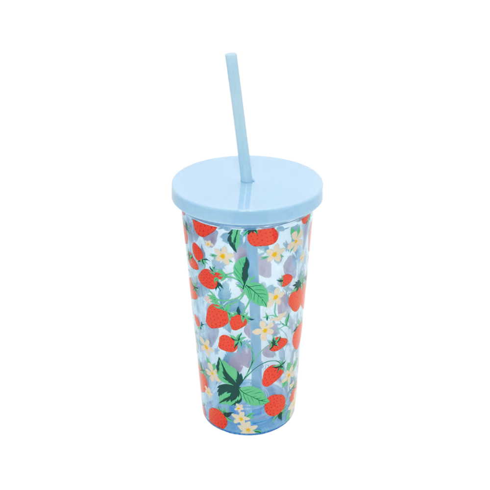 Mug con cañita "Strawberry Fields" con diseño de fresas, tapa removible, cañita flexible y aislamiento de doble pared.