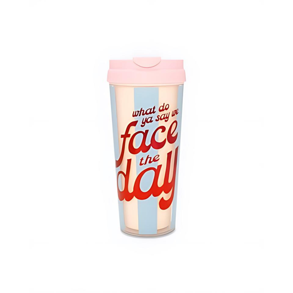 Mug térmico "Face the day" de 473 ml con frase inspiradora, doble pared aislante y tapa a prueba de derrames. Ideal para bebidas calientes o frías.