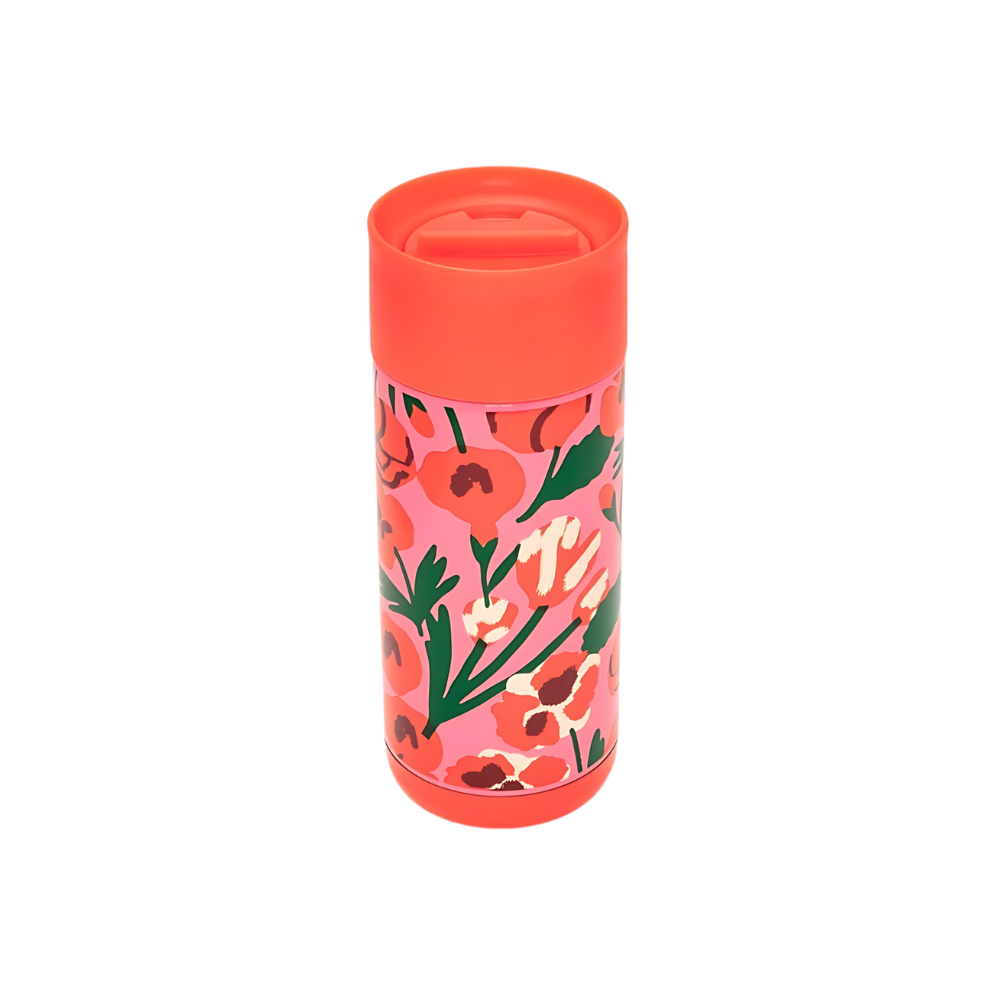 Mug térmico "Las Flores" de 473 ml con diseño floral, doble pared aislante y tapa a prueba de derrames. Ideal para bebidas calientes o frías.