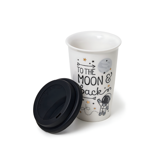 Mug térmico "Moon & Back" de porcelana con diseño de astronauta, tapa de silicona y capacidad de 300ml.