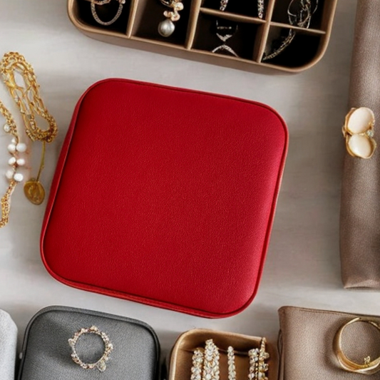 Organizador de joyas color rojo, compacto y elegante, ideal para guardar tus accesorios con estilo y protección.