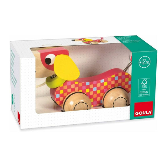 Perrito de arrastre de madera Goula para bebés, con diseño tierno y ruedas suaves, ideal para acompañar sus primeros pasos.