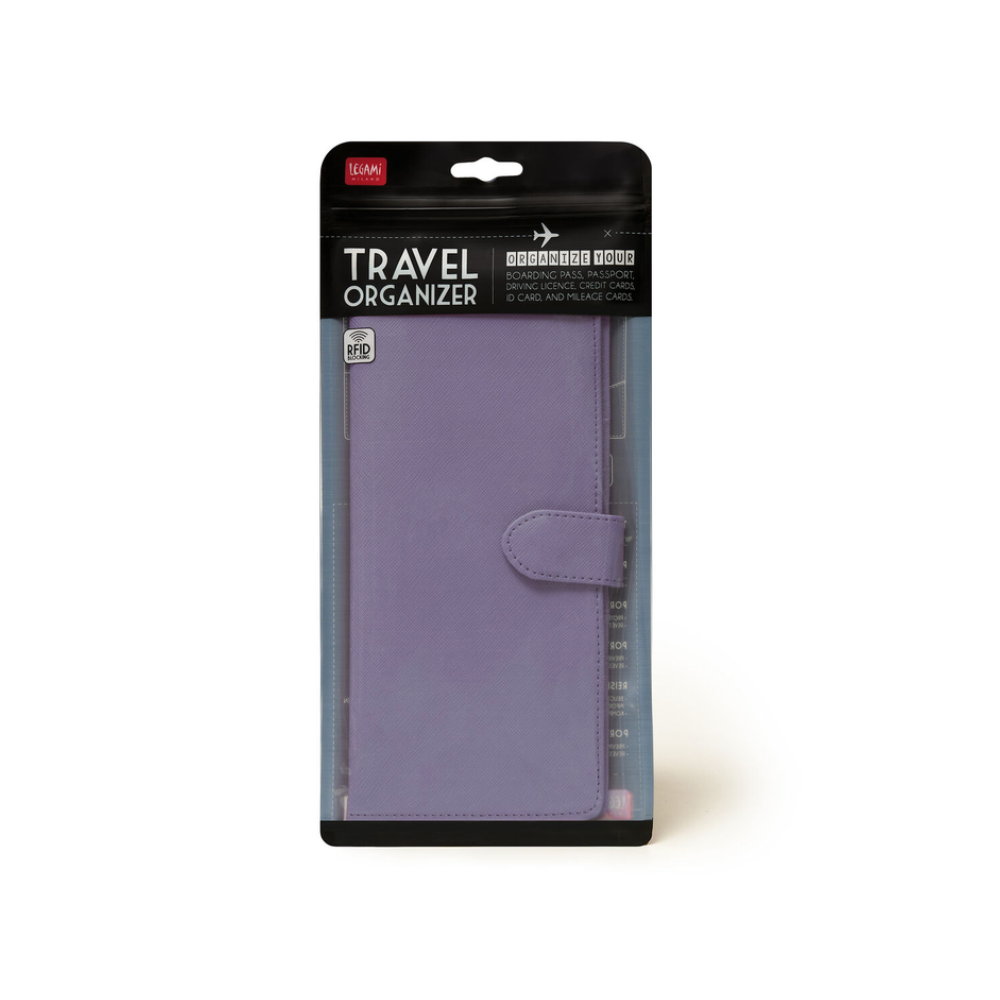 Porta documentos Legami color lila con protección RFID y cierre magnético, ideal para organizar tus viajes con estilo y seguridad.