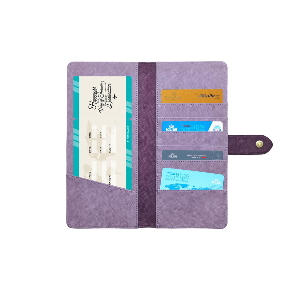 Porta documentos Legami color lila con protección RFID y cierre magnético, ideal para organizar tus viajes con estilo y seguridad.