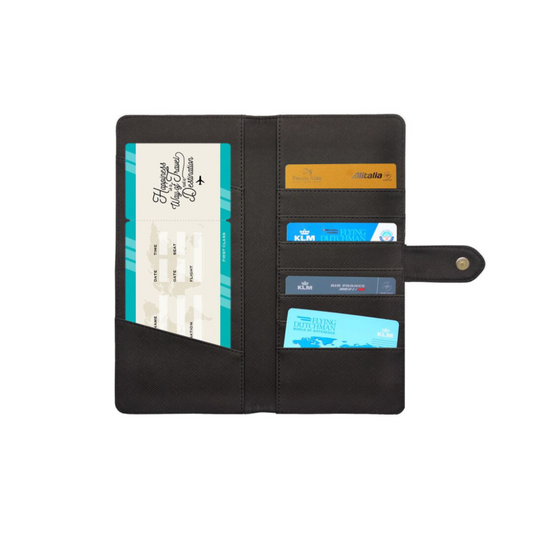 Porta documentos Legami color negro con protección RFID y cierre magnético, ideal para organizar tus viajes con estilo y seguridad.