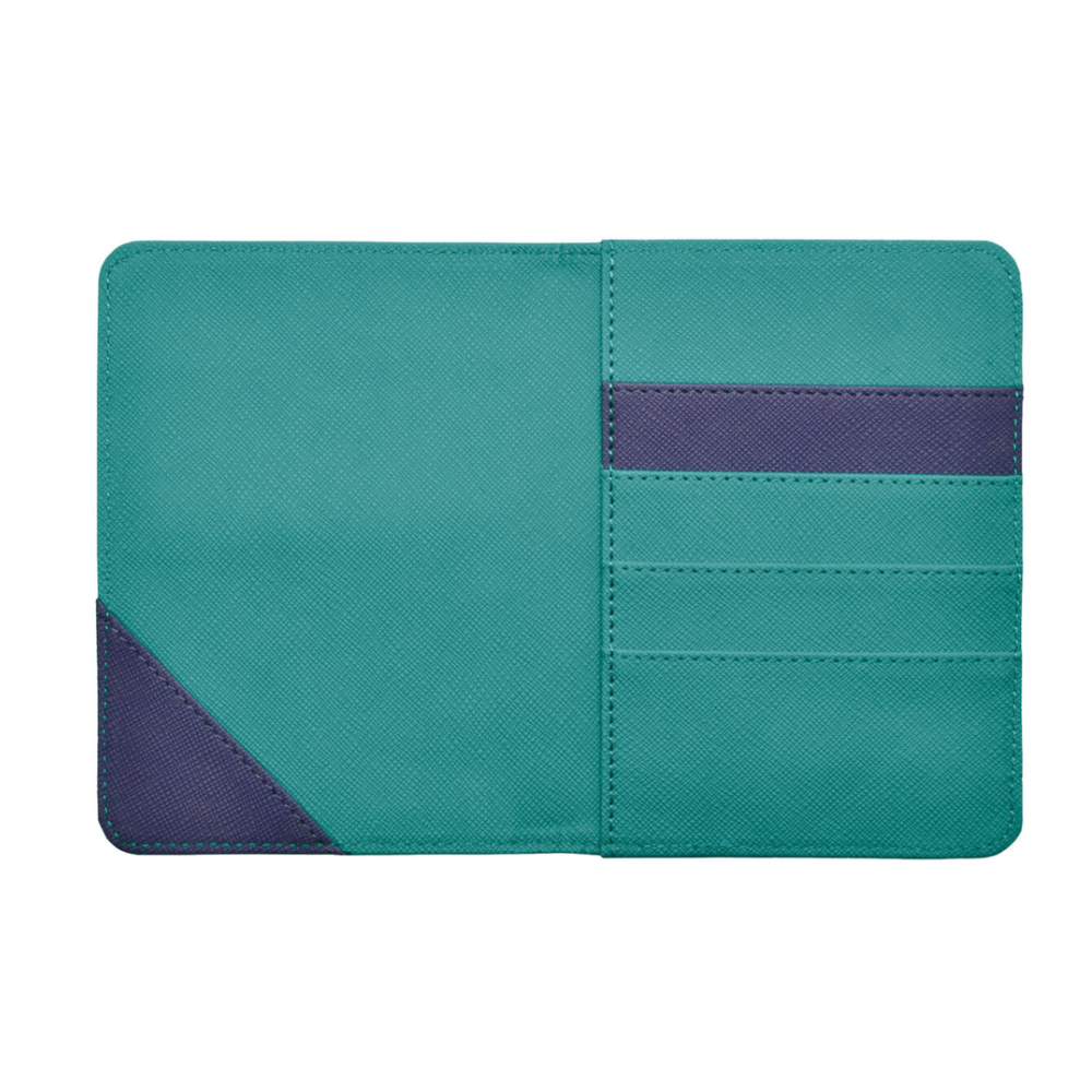 Porta documentos Legami color turquesa con elástico y protección RFID, ideal para viajes seguros y organizados.