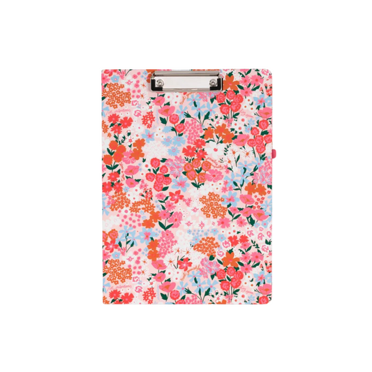 Portafolio con clip Secret Garden, clipboard profesional con diseño floral, bloc de notas removible y clip metálico dorado.