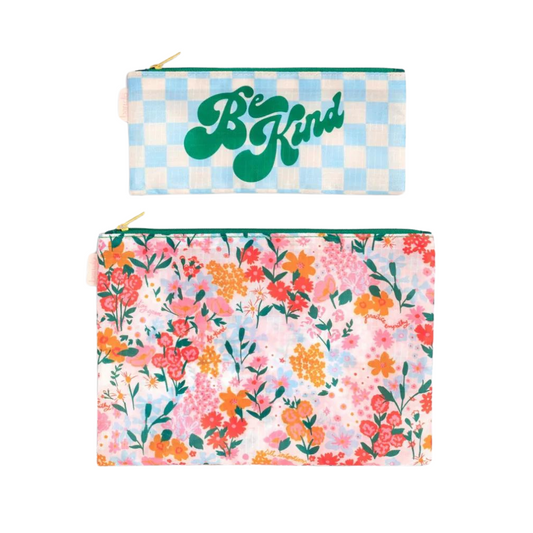 Set de estuches Secret Garden - 2 bolsas de nylon para viaje y organización, con diseño floral y detalles en dorado.