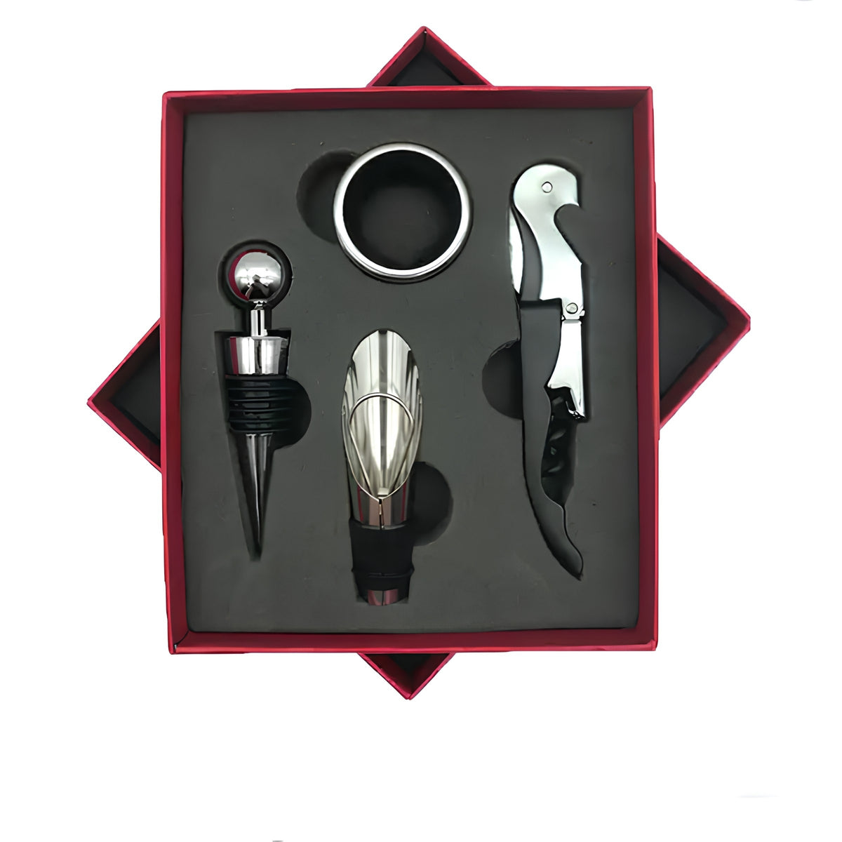 Set de utensilios para bar y vino, incluye sacacorchos, anillo antideslizante, accesorio para servir y tapa para botellas.