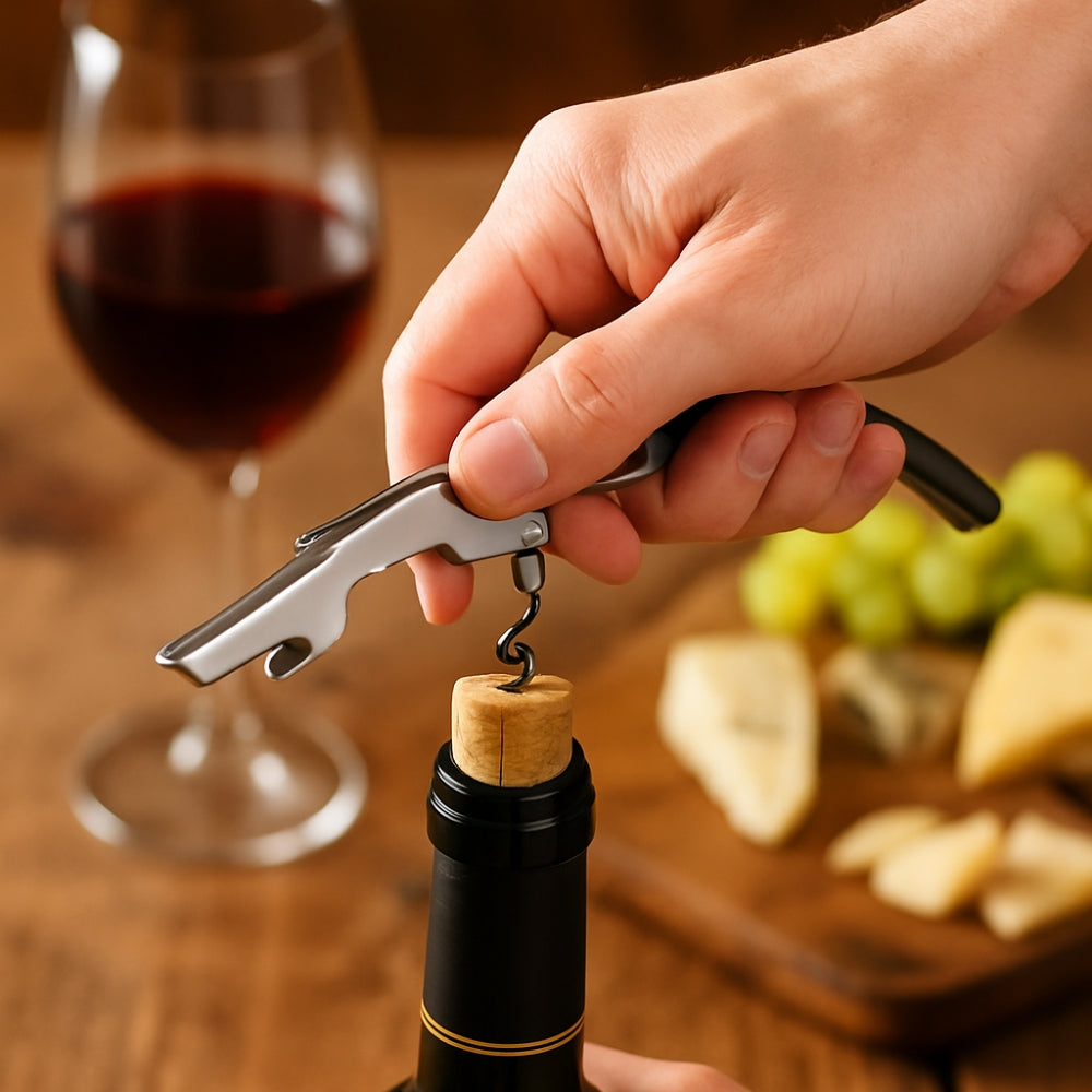 Set de utensilios para bar y vino, incluye sacacorchos, anillo antideslizante, accesorio para servir y tapa para botellas abiertas, todo fabricado en acero inoxidable y presentado en una caja de regalo.