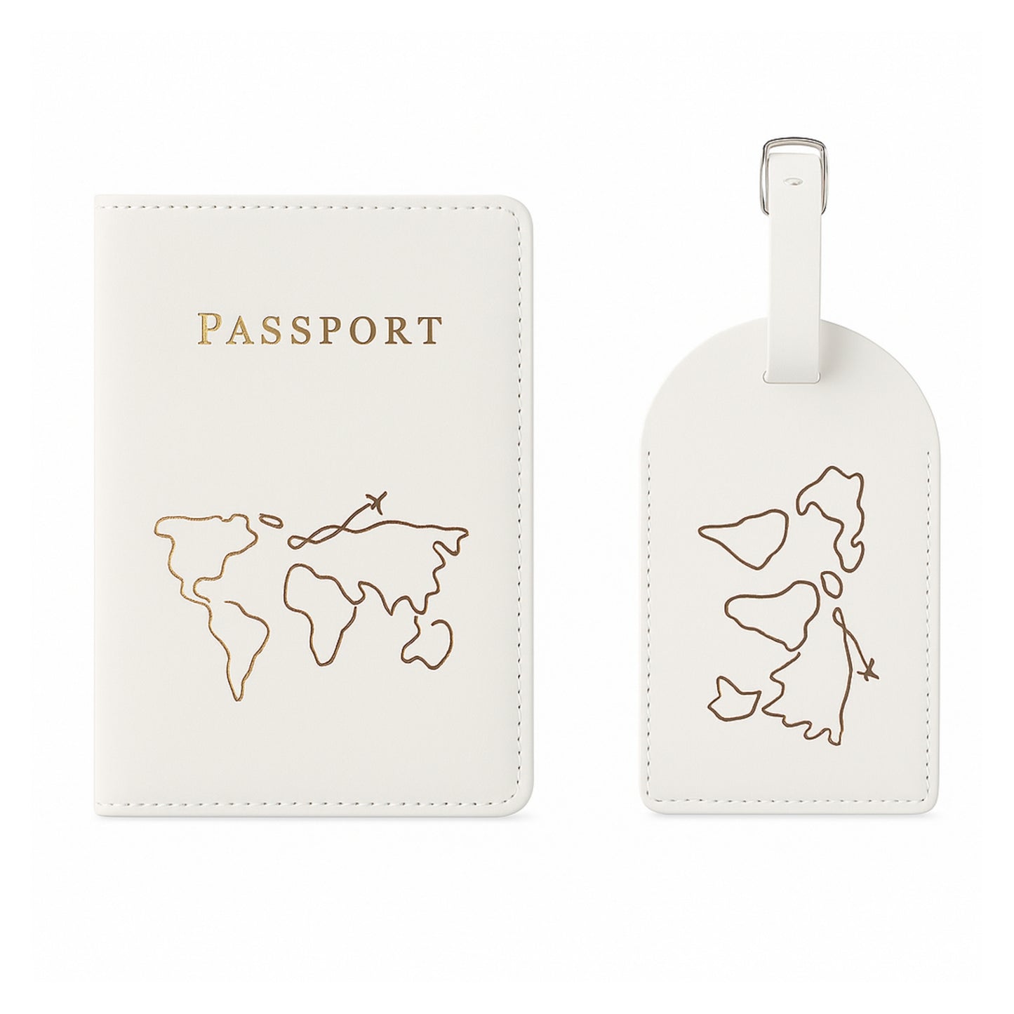Set de viaje en cuero vegano. Funda para pasaporte y tag para maleta a juego.