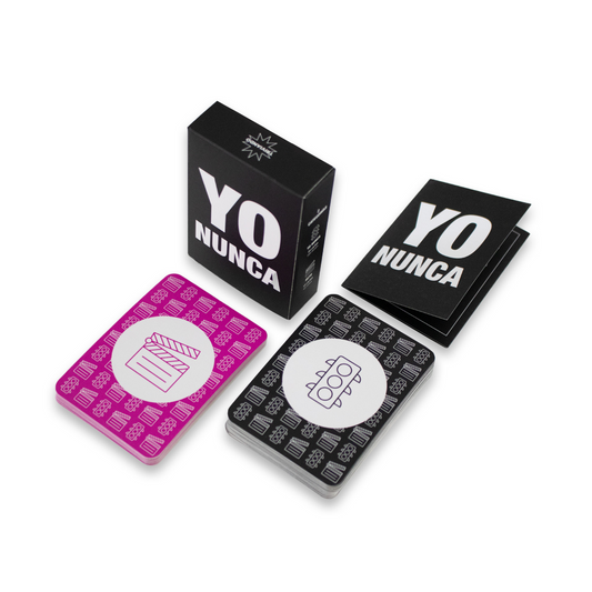 Yo Nunca, juego de cartas para fiestas, con 50 cartas divididas en 2 categorías y 3 niveles de intensidad, perfecto para divertirse con amigos y desconocidos. Venta exclusiva para mayores de 18 años.