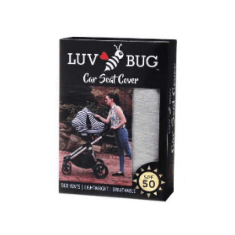 Cobertor para coche de bebé con UPF 50+ y estampado Love, gris, hojas verdes, o rayas azules, diseñado para protección solar, ventilación y comodidad.