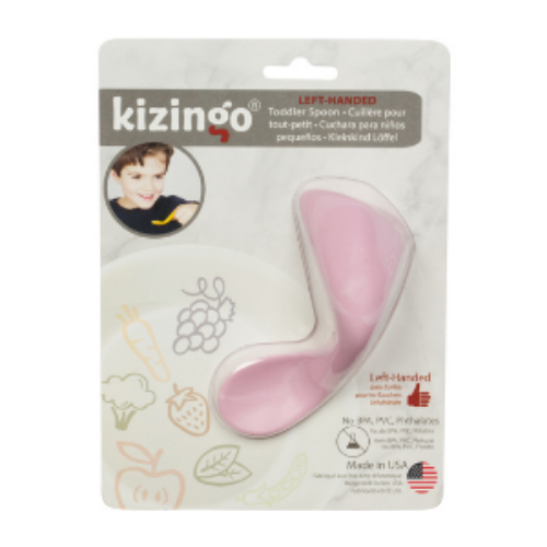 Cuchara ergonómica para bebé zurdo en colores blanco y rosado, diseño curvado para facilitar la autoalimentación, libre de BPA y ftalatos.
