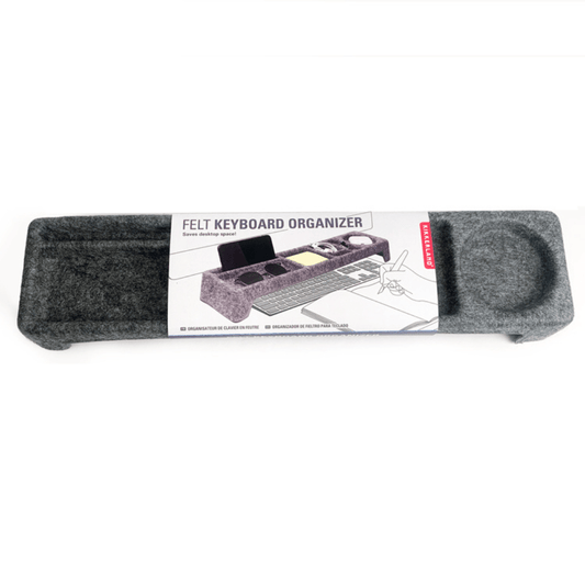 Organizador de escritorio de feltro con compartimento para esconder teclado, ideal para mantener tu espacio ordenado.
