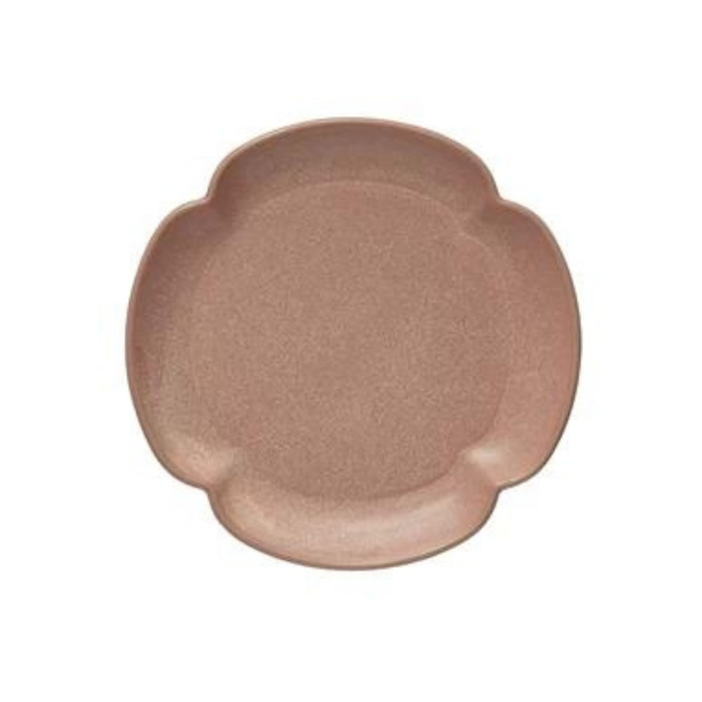 Plato redondo de cerámica en color rosa, con acabado vitrificado y diseño elegante, ideal para servir postres o entradas.
