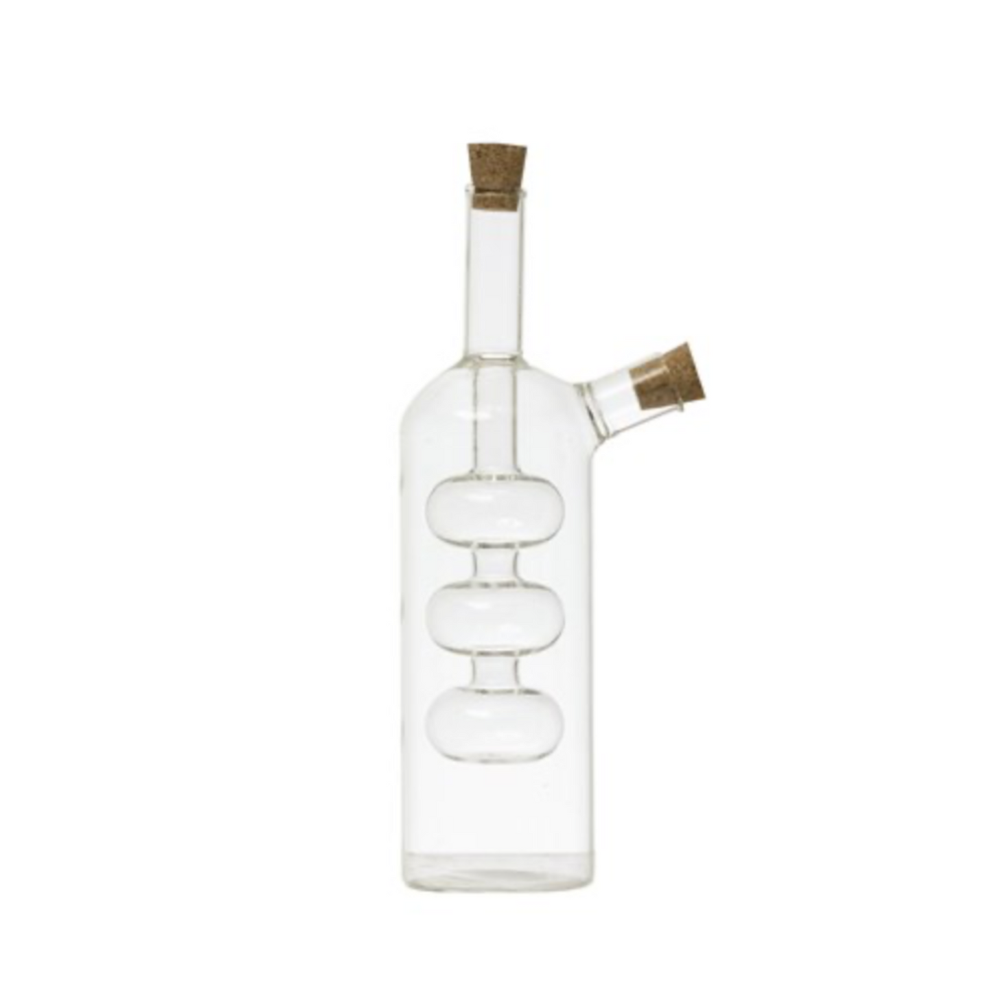 Recipiente para aceite y vinagre de vidrio soplado con tapas de corcho, diseño moderno y elegante, ideal para cualquier estilo de cocina.