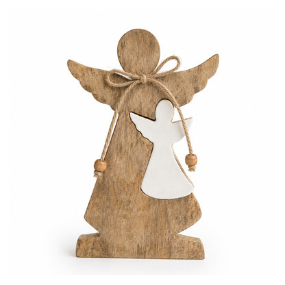 Angelito de madera hecho a mano en madera y cerámica, disponible en dos tamaños.