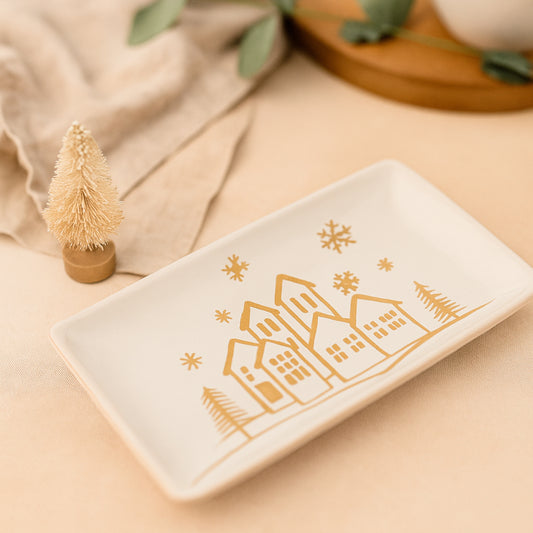 Bandeja de cerámica Winter Town con diseño navideño en relieve y acabado esmaltado